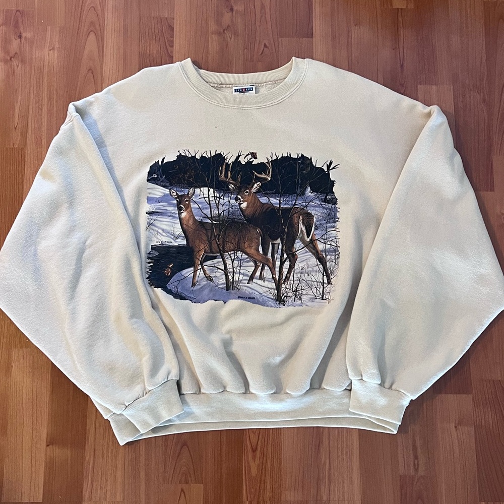 Vintage Whitetail Deer Crewneck, Womens XL, Tan